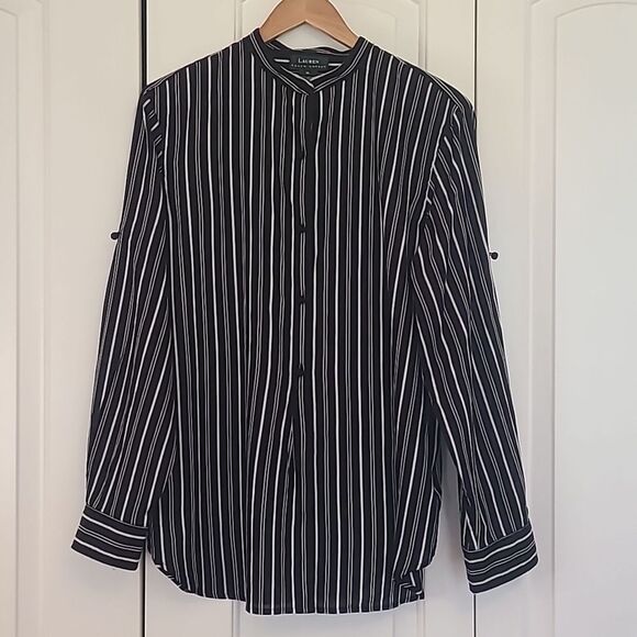 Lauren Ralph Lauren Shirt Top Striped Cotton Button Up Mandarin Collar Size XL - Picture 1 of 8